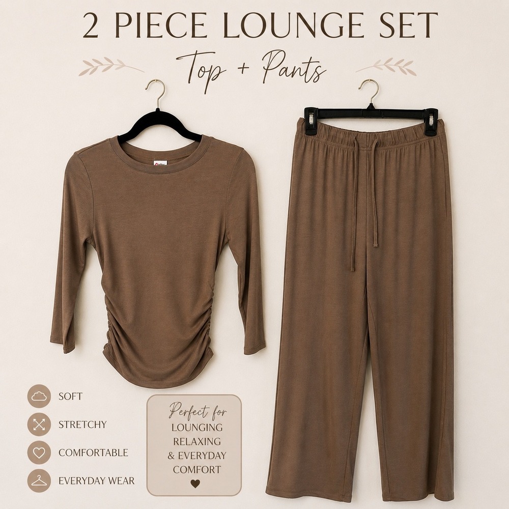 Wiholl Womens 2 Piece Lounge Set Brown Ruched Top Wide Leg Pants Small NEW